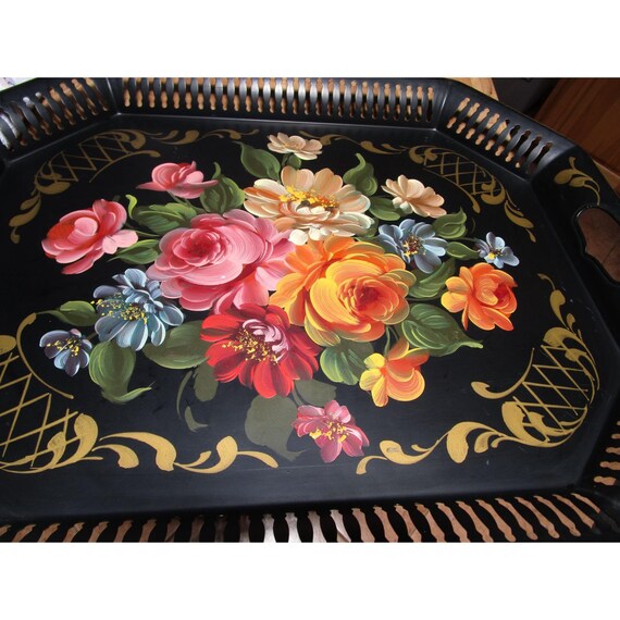 Tole Painted Floral Bouquet Vintage Large Metal Serving Tray