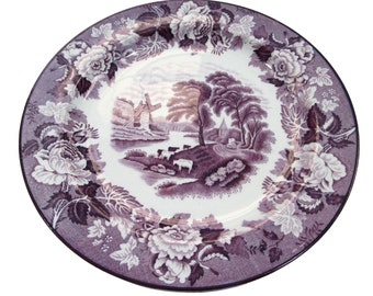 Assiette à déjeuner Wood's Ware, paysage anglais, fleurs pastorales violettes GUC 1917
