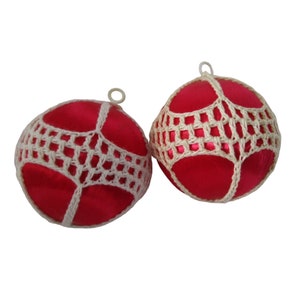 Crochet Embellished Center Band Red Satin Christmas Ornament Two GUC Vintage