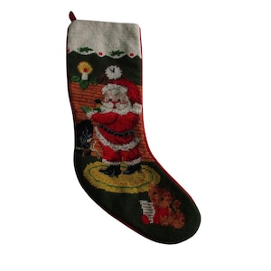 Vintage Handmade Needlepoint Christmas Stocking  Santa Cat GUC
