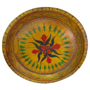 Vintage Hand Painted Wooden Folk Art Platter Yellow Metal Repair Bands GUC