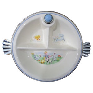 Bartsch Chrome Plated Warming Dish for Baby Child Blue Nursery Decor 1940&#39;s GUC