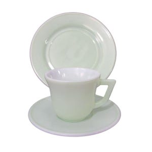 Hazel Atlas Little Hostess Childs Tea Set Milk Glass Cup Saucer Plate Green GUC