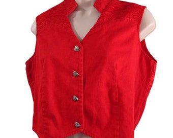 Vintage Banjo Red Heart Cut Out Buttons Crop Top Lace Accent USA Made Ladies M