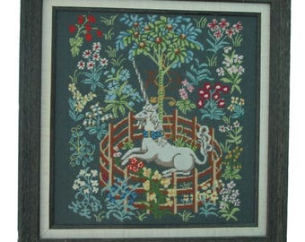 Vintage Framed Unicorn In Captivity Tapestry Needlepoint Art EUC