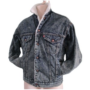 Levi&#39;s Denim Sherpa Trucker Jacket XS Red Tab Small e Distressed Acid Wash 1980s