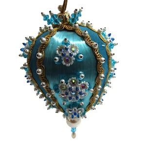 Vintage Turquoise Gold Satin Pin Beaded Pearl Rhinestone Accent Ornament GUC