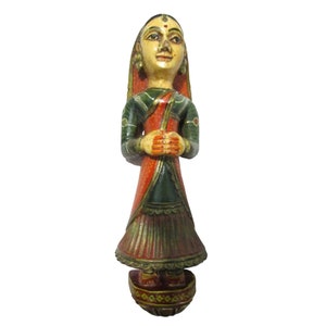 Vintage Painted Carved Wood Indian Woman Folded Hands Praying Traditional Rajasthani Dress