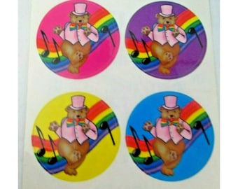 Lisa Frank Dancing Bear in Pink Tux Rainbows Musical Notes Set of Four Vintage