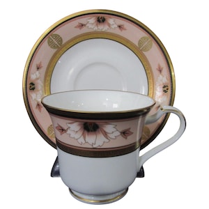 Vintage Noritake Commemoration footed Cup and Saucer Peach Art Deco EUC Retired