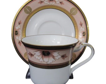 Vintage Noritake kop en schotel herdenkingsmunt perzik art deco EUC Gepensioneerd