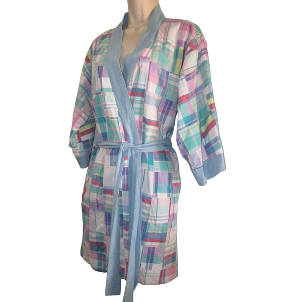 Lord Taylor Madras Plaid Patchwork Lt Blue Chambray Reversible Robe Ladies M GUC