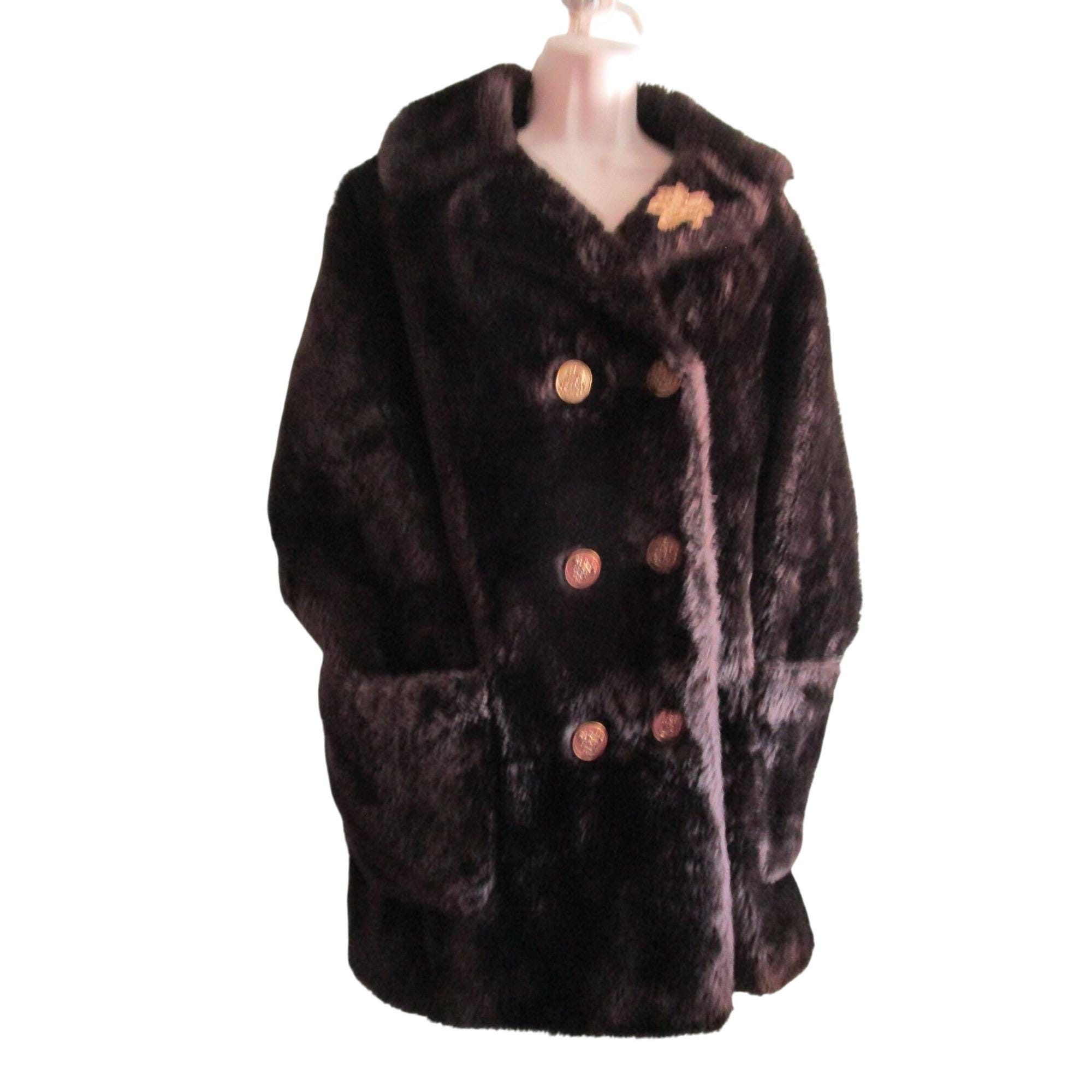 Dark Brown Vintage Acrylic Plush Coat Gold Crest Buttons Large No