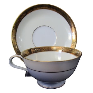 Noritake Goldkin Tasse und Untertassen-Set Goldene Blumenbänder auf Elfenbeinweiß 1933
