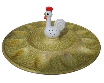 Plato de cerámica vintage con forma de gallo, gallina y pollo para huevos rellenos