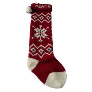 Vintage Knit Christmas Stocking With Snowflake Peace Pom Pom GUC