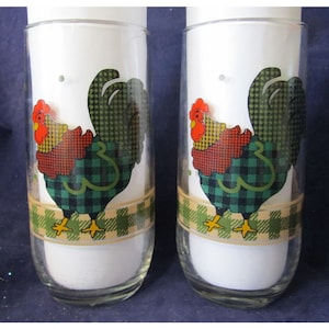 Anchor Hocking Plaid Tattersall Rooster Tumblers French Country Farmhouse A Pair