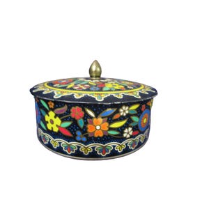 Daher Cloisonne Style 1970s Vintage Hand Painted Floral Biscuit Tin with Lid GUC