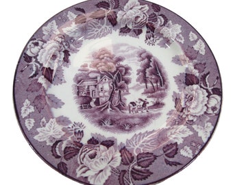 Assiette à beurre Wood's Ware, paysage anglais, fleurs pastorales violettes GUC 1917