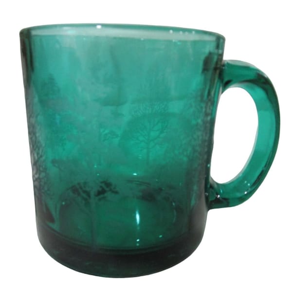 Vintage Emerald Green Glass Mug Etched Trees USA Made EUC