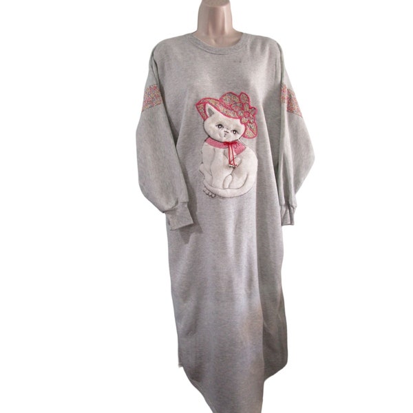 Comfy Club White Fluffy Cat Calico Bonnet Applique Night Gown Gray Heather Large