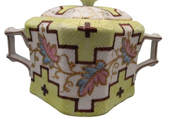 Art Deco Porcelain Sugar Bowl With Lid Floral Geometric Pattern Gold Accents GUC