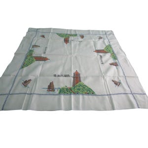 Vintage Embroidered Tablecloth Liuhe Pagoda Chinese Junk Boat Cotton Blend Stain