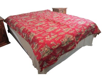 Vintage Western Rodeo Cowboy Double Duvet Cover Bark Cloth Faux Suede Back GUC