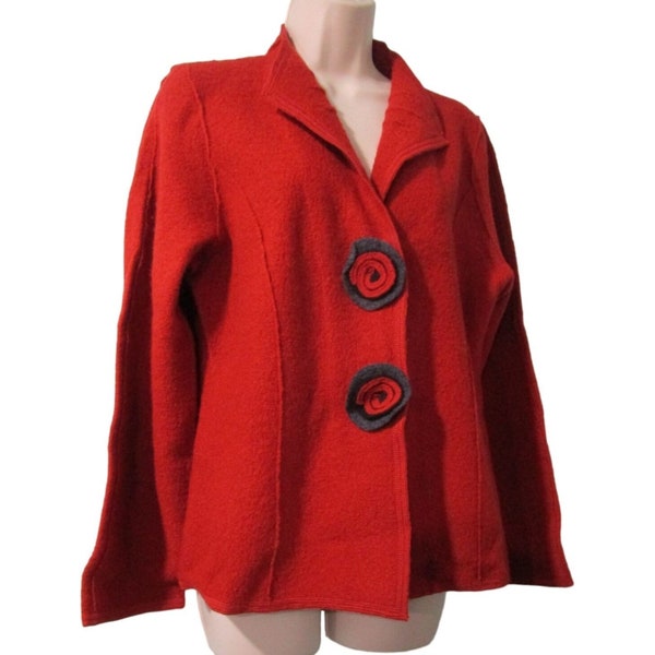 Nomadic Traders Brick Red Floral Rosette Accent Sweater Jacket Ladies S EUC Wool