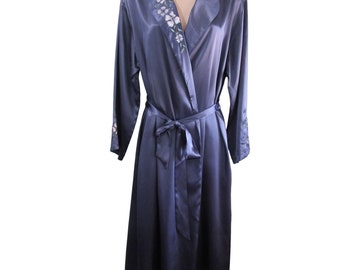 Halston Slate Blue Embroidered Applique Floral Satin Robe Ladies PL EUC