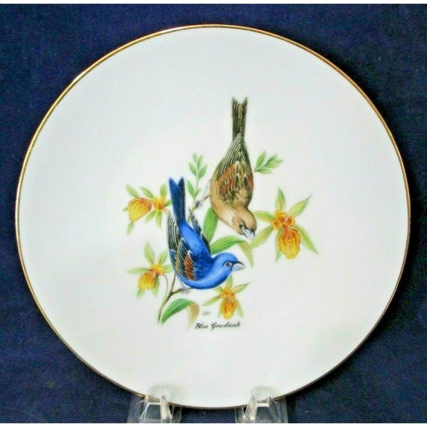 Pair of Blue Grosbeak Bareuther Waldsassen #144 Plate Gold Rim Bavaria