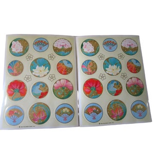 Floral Fans Asian Inspired Round Sticker Seals Vintage Hallmark Two Sheets GUC