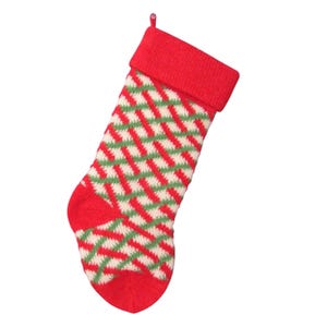 Vintage Christmas Stocking Red Green White Knit Wool Retro Holiday Decor GUC