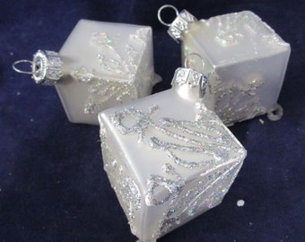 Silver Mercury Style Square Blown Glass Glitter Accent Ornaments A Set of Three