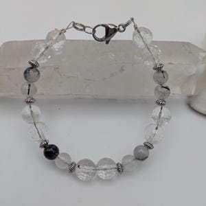 Rock Crystal Quartz and Tourmalinated Quartz Bracelet; Gemstone Jewelry; Beaded Jewelry; Gemstone Bracelet; Beaded Bracelet; OOAK