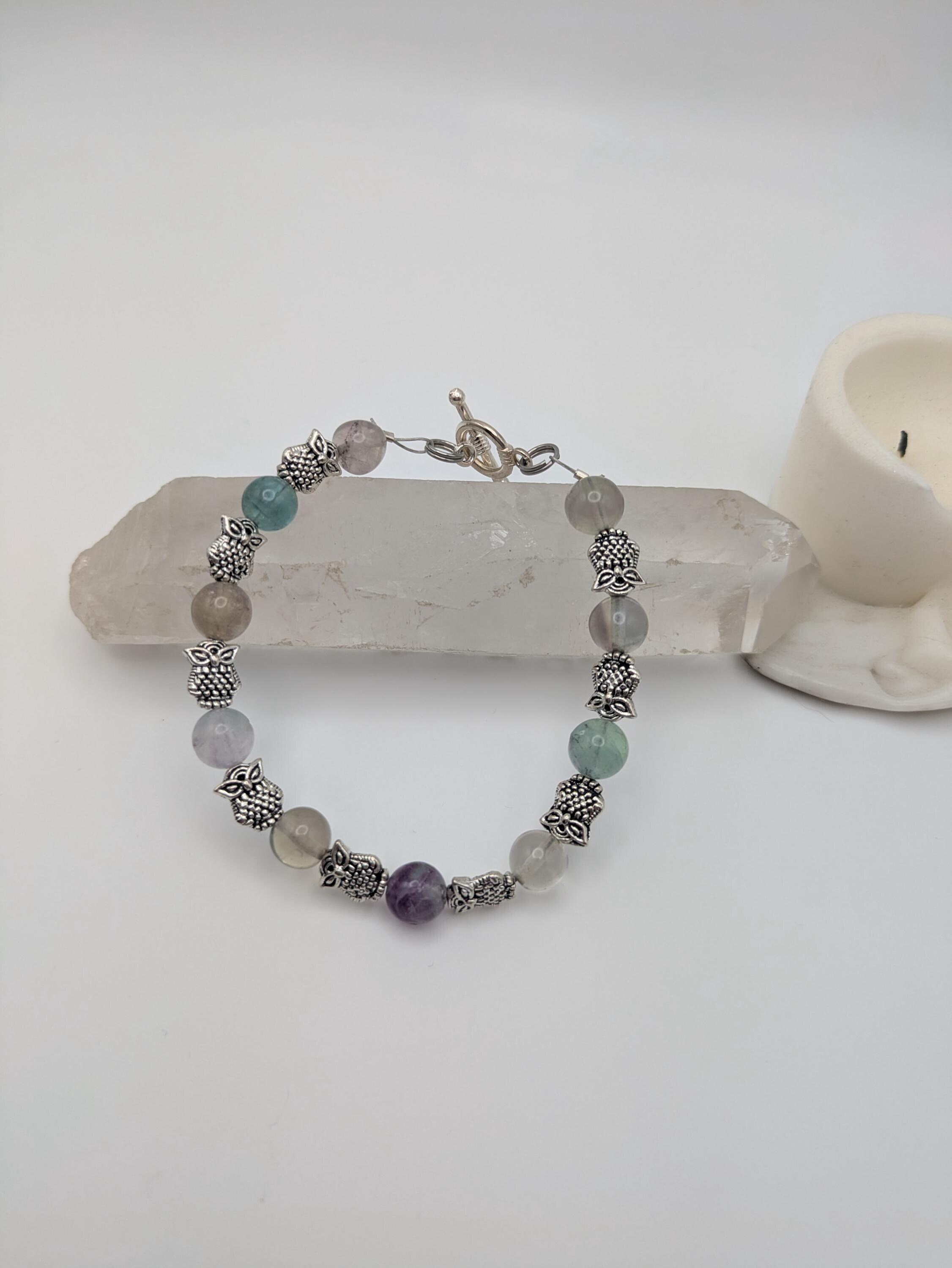 Rainbow Fluorite and Metal Owl Bracelet, Gemstone Jewelry; Gemstone Bracelet; Beaded Bracelet; Gemst
