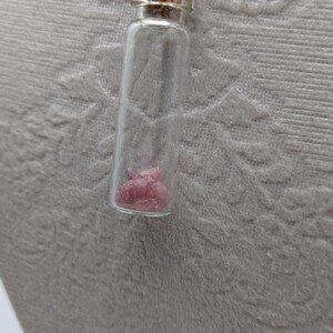 Puede incluir: Un collar con una peque&ntilde;a botella de vidrio con un tap&oacute;n de corcho. La botella contiene cristales rosas.