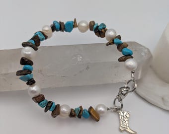 Bedelarmband met tijgeroog, turkoois en zoetwaterparel; Edelsteensieraden; Kralen sieraden; Edelsteenarmband; Handgemaakt; OOAK