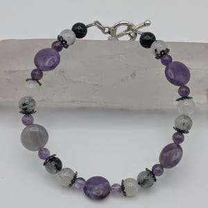 Chevron Amethyst and Tourmalinated Quartz Bracelet; Gemstone Bracelet; Beaded Bracelet; Gemstone Jewelry; Beaded Jewelry; OOAK; Handmade