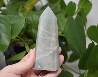 Rainbow moonstone tower natural blue flash stone self standing polished gemstone point