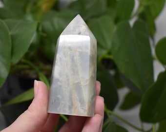 Rainbow moonstone tower natural blue flash stone self standing polished gemstone point