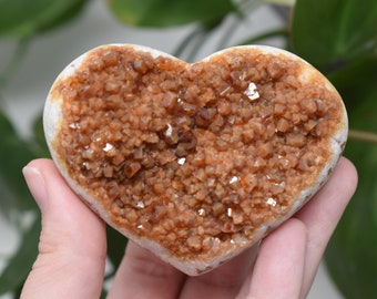 Natural Citrine geode carved heart with natural inclusions crystals formation agate banding polished natural stone flat back mineral