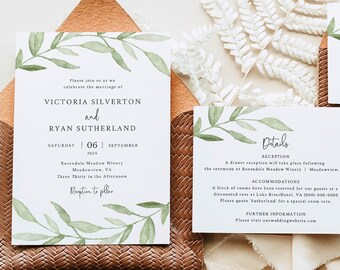 Wedding Invitation Set Templates, Greenery Leaves, Editable Instant Download, Try Before Purchase