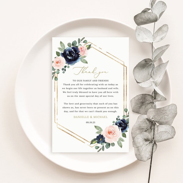 Wedding Thank You Note Template, Navy & Blush Floral, Thank You Letter, Printable, Templett INSTANT Download