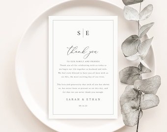 Thank You Letter Template, Minimalist Wedding Monogram, 4x6, Wedding Table Thank You Note, Printable, Editable, Templett INSTANT Download