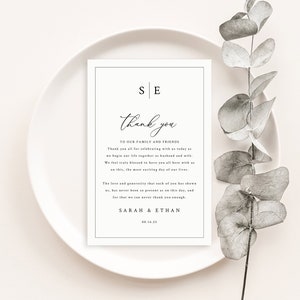 Thank You Letter Template, Minimalist Wedding Monogram, 4x6, Wedding Table Thank You Note, Printable, Editable, Templett INSTANT Download