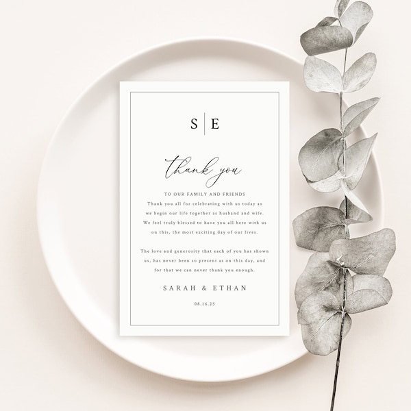 Thank You Letter Template, Minimalist Wedding Monogram, 4x6, Wedding Table Thank You Note, Printable, Editable, Templett INSTANT Download