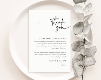 Thank You Letter Template, Modern Contemporary, Clean Simple Wedding Table Thank You Note, Printable, Editable, Templett INSTANT Download