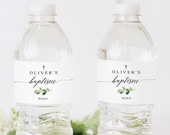 Baptism Water Bottle Label Printable, Greenery Leaf, Editable Label Template, Instant Download, Try Before Purchase