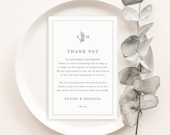 Thank You Letter Template, Leaf Monogram Border, Wedding Monogram, Table Thank You Note, Printable, Editable, Templett INSTANT Download